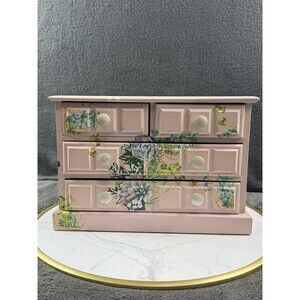 Vintage Wood Jewelry Box Hand Painted Decoupage Floral 4 Drawer Chest Organizer